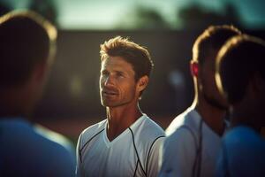 Tennis Spieler Stehen und reden mit ihr Trainer auf das Tennis Gericht foto