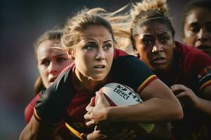 weiblich Rugby Spieler im Wettbewerb auf das Rugby Feld foto