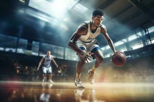 männlich Basketball Spieler spielen Basketball im ein überfüllt Innen- Basketball Gericht foto