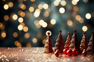 schön Beleuchtung und Bokeh Hintergrund zum Weihnachten Kiefer Baum und rot Stern, Bälle und Geschenk Kisten Dekoration auf Jahrgang hölzern Boden. ai generiert foto