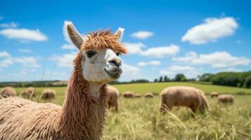 Foto von ein Lama im das Ackerland. generativ ai