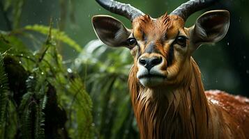 Nahansicht Foto von ein Antilope suchen irgendein Richtung auf Dschungel. generativ ai