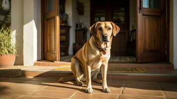 Foto von ein treu Hund geduldig wartet es ist Eigentümer Rückkehr durch das Vorderseite Tür. generativ ai