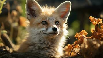 Nahansicht Foto von ein fennec Fuchs suchen irgendein Richtung im das Wüste. generativ ai