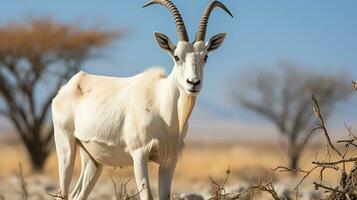 Nahansicht Foto von ein arabisch Oryx suchen irgendein Richtung im das Wüste. generativ ai