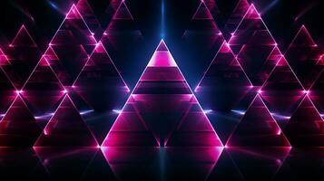 Hintergrund von geometrisch dreieckig Muster mit ein Neon- Licht . generativ ai foto