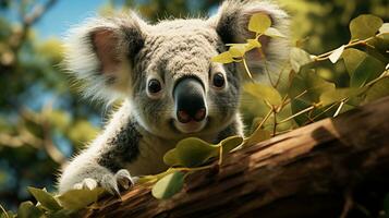 Nahansicht Foto von ein Koala suchen irgendein Richtung auf Dschungel. generativ ai