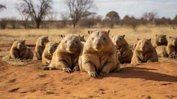 Foto von ein Herde von Wombat ruhen im ein öffnen Bereich auf das Savanne. generativ ai