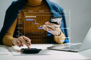 Arbeits- und Aktualisierungsaufgaben des Projektmanagers mit Meilenstein-Fortschrittsplanung und Gantt-Diagramm-Planungsdiagramm. geschäft, das mit smartphone, tablet und laptop arbeitet foto