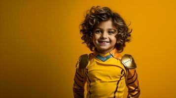 ein wenig Junge im ein Gelb Superheld Kostüm ai generativ foto