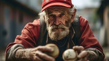 ein alt Mann mit ein rot Deckel halten Baseball ai generativ foto