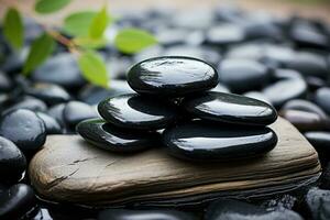 schwarz glatt runden Steine auf ein verschwommen Hintergrund. Steine zum Spa Pflege, Massage. generiert durch künstlich Intelligenz foto