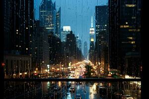 silhouettiert Stadtbild Reflexionen gefangen im Regentropfen gesprenkelt Fenster Post Sintflut Ruhe foto
