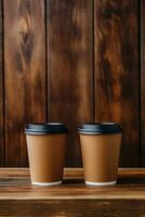 wiederverwendbar Kaffee Tassen auf ein rustikal hölzern Tabelle Hintergrund mit leeren Raum zum Text foto