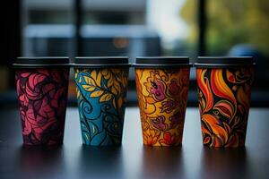 multi farbig Papier Kaffee Tassen Anzeige von einzigartig künstlerisch Flair und Kreativität foto
