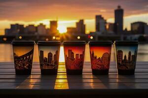 städtisch Horizont reflektiert im glänzend wegbringen Kaffee Tassen während Sonnenaufgang foto