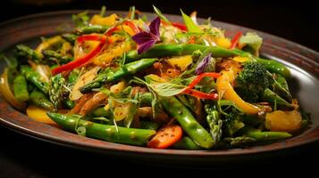 Foto von Frühling Gemüse pfannenrühren wie ein Gericht im ein hochwertig Restaurant. generativ ai