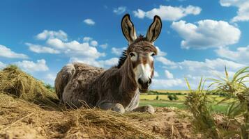 Foto von ein Esel im das Ackerland. generativ ai