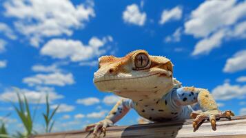 Foto von ein Gecko unter Blau Himmel. generativ ai