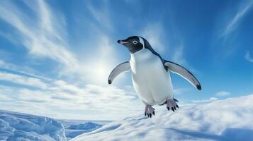 Foto von Pinguin im ther Wald mit Blau Himmel. generativ ai
