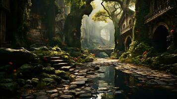 magisch Wald Szenen mit üppig Grün foto