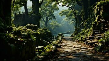 magisch Wald Szenen mit üppig Grün foto