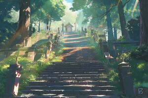 Bild von magisch Wald Szene mit üppig Grün mit Anime Stil foto