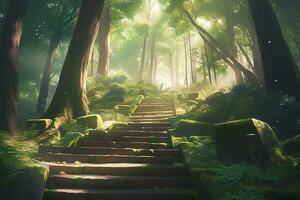 Bild von magisch Wald Szene mit üppig Grün mit Anime Stil foto