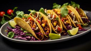 Foto von vegan Tacos wie ein Gericht im ein hochwertig Restaurant. generativ ai