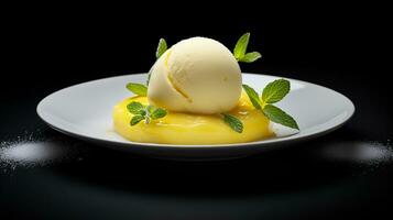 Foto von Zitrone Sorbet wie ein Gericht im ein hochwertig Restaurant. generativ ai