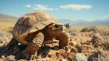 Nahansicht Foto von ein Wüste Schildkröte suchen irgendein Richtung im das Wüste. generativ ai