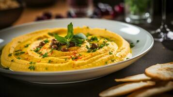 Foto von Kürbis Hummus wie ein Gericht im ein hochwertig Restaurant. generativ ai