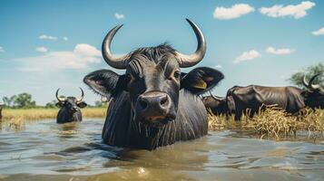 Foto von ein Wasser Büffel im das Ackerland. generativ ai