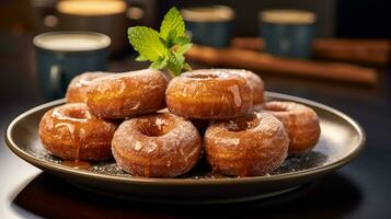 Foto von Apfelwein Donuts wie ein Gericht im ein hochwertig Restaurant. generativ ai