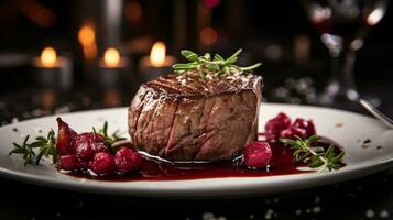 Foto von Rindfleisch Filet mit rot Wein Soße wie ein Gericht im ein hochwertig Restaurant. generativ ai