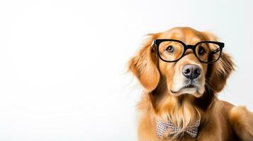Foto von ein golden Retriever Hund mit Brille isoliert auf Weiß Hintergrund. generativ ai
