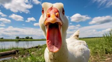 Foto von ein Muscovy Ente im das Ackerland. generativ ai