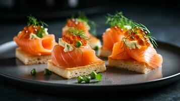 Foto von geräuchert Lachs Häppchen wie ein Gericht im ein hochwertig Restaurant. generativ ai