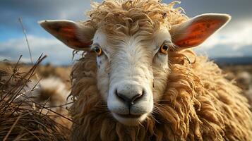 Nahansicht Foto von ein Schaf suchen irgendein Richtung. generativ ai