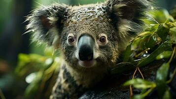 Nahansicht Foto von ein Koala suchen irgendein Richtung auf Dschungel. generativ ai