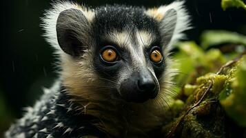 Nahansicht Foto von ein Lemur suchen irgendein Richtung. generativ ai