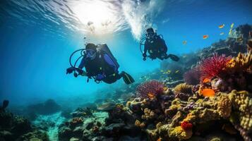 Koralle Riff Erhaltung. Taucher erkunden ein bunt unter Wasser Welt foto