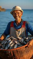 nachhaltig Angeln. ein Fischer hält ein Netz mit frisch foto
