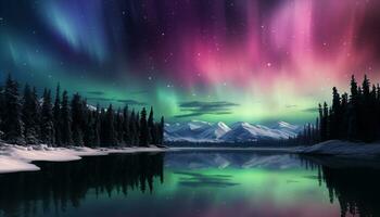 Aurora Borealis See schneebedeckt Bäume Berge. erstellt mit generativ ai foto