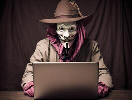 anonym Hacker mit verrückt und seltsam Mode und Steampunk Stil. Konzept von hacken Internet-Sicherheit, Cyberkriminalität, Cyber Attacke, usw. ai generiert Bild foto