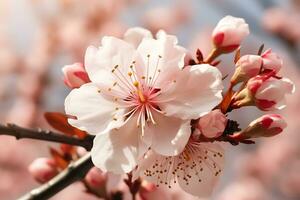 ein schließen oben Schuss von Sakura Blume blüht und verschwommen beim das Hintergrund. ai generiert. foto