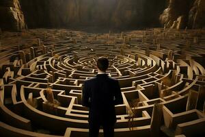 Geschäftsmann Stehen im das Labyrinth Eingang suchen zum Lösung. ai generiert foto