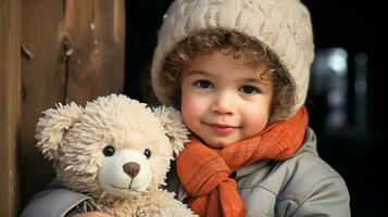 süß jung Kleinkind Mädchen gekleidet zum ein schneebedeckt Weihnachten halten ihr Teddy tragen. generativ ai. foto