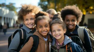 glücklich und aufgeregt multiethnisch jung Kinder Studenten Gehen auf das Campus von ihr Schule - - generativ ai. foto