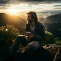 Mann trinken Kaffee beim Berg foto